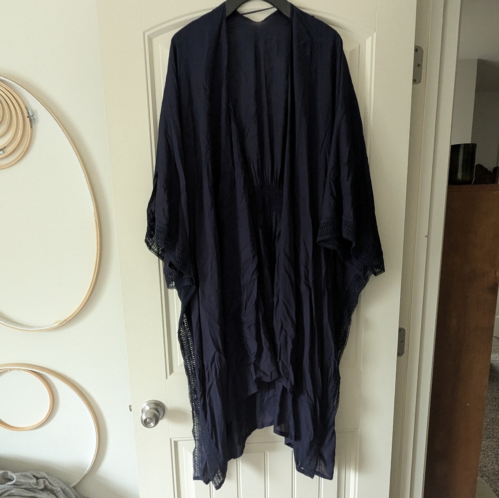 Navy Blue Kimono with Lace Trim